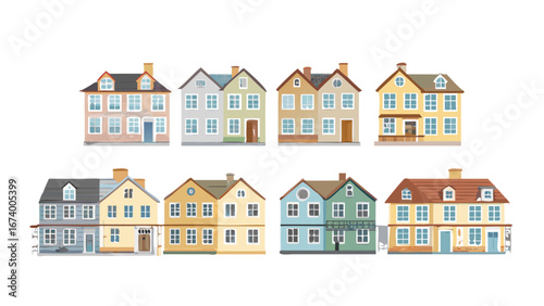 Colorful row houses with varied architectural styles buildings architecture