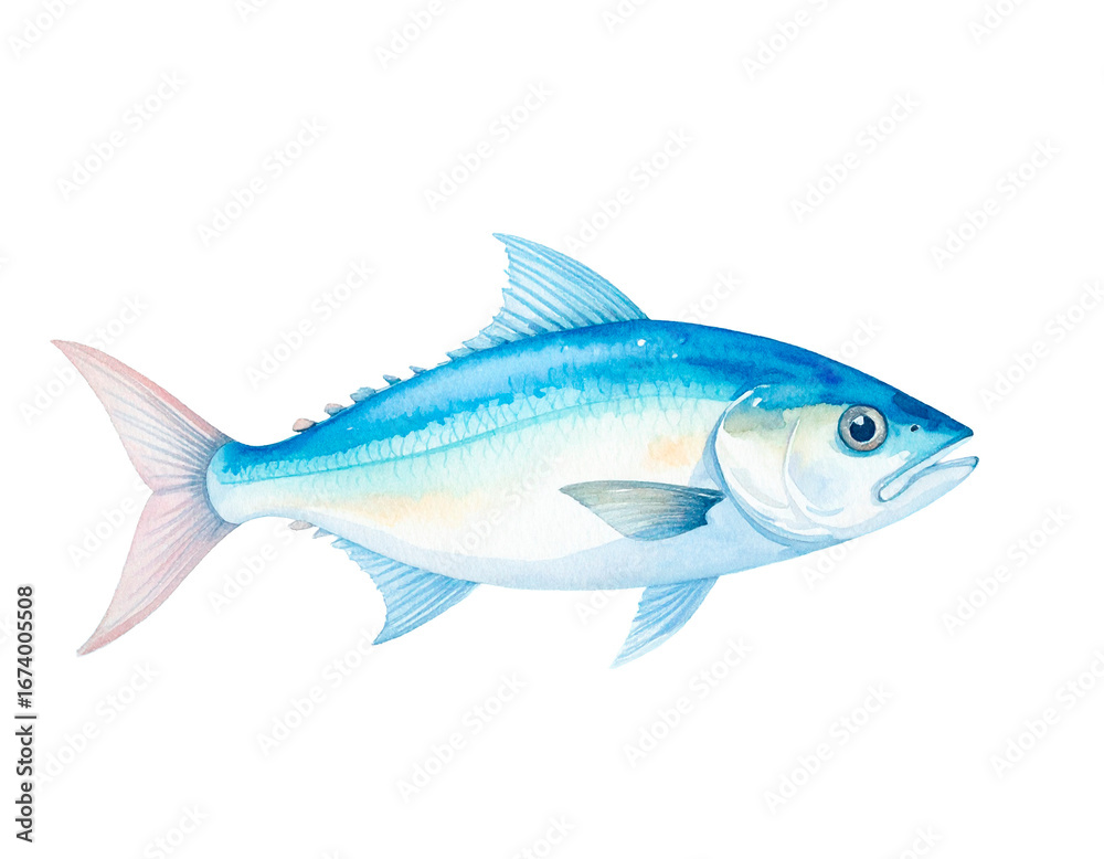 Fototapeta premium Carefully drawn illustration of bluefish. Charming. Delicious. Hand-drawn style. Brush. Seafood. Freshness. Fresh. Market. DHA, EPA. Health. Diet.