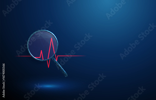 3d red heartbeat line under magnifying glass. Cardiac monitoring, heart rhythm analysis, arrhythmia detection, medical diagnostics concept.