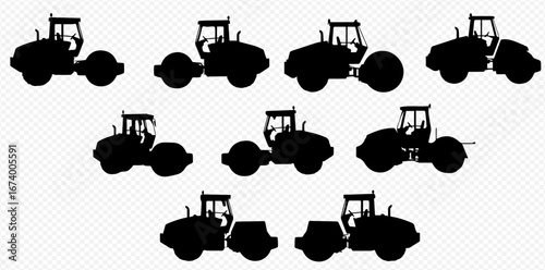 Multiple silhouettes of road roller vehicles arranged in a pattern against a white background.
