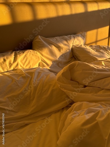 Messy bed with warm sunlight casting shadows across white pillows and sheets in the morning. Concept of rest, real life, slow living, comfort, and cozy domestic atmosphere.