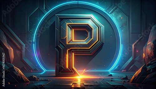 Futuristic 3D metallic alphabet letter P with glowing orange lines set inside a vibrant blue neon circle on a dark sci-fi background