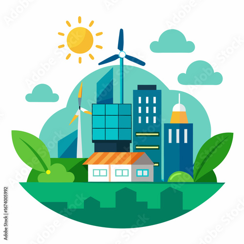 Sustainable cityscape with renewable energy sources and green spaces