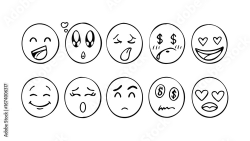 Hand drawn emoji faces with different expressions emotions happy