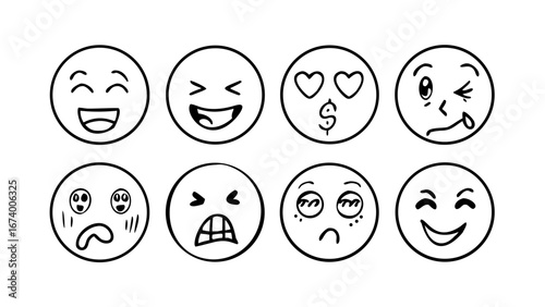 Diverse Hand Drawn Emoji Faces With Various Expressions vector