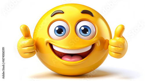 A bright yellow emoji with a smiling face and finger pointed upwards, isolated on a white background, conveying
