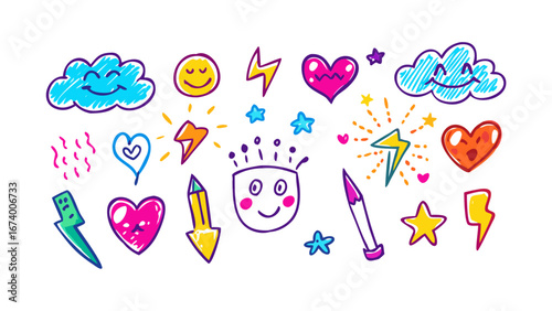 Bright doodle icons with happy faces and lightning bolts colorful cartoon