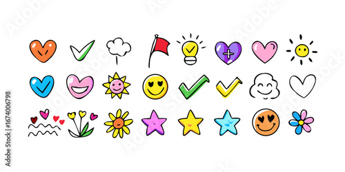 Cheerful doodle icons hearts stars smiles flowers smiley faces check marks