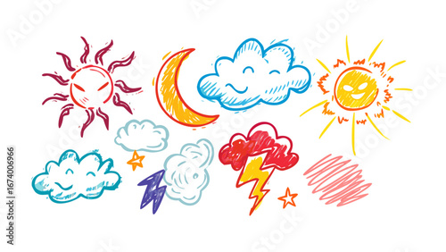 Cartoon comic style weather icons moon clouds