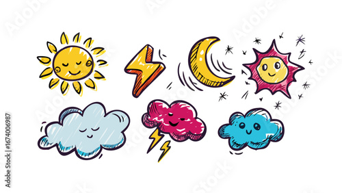 Cartoon weather icons sun moon lightning clouds vector
