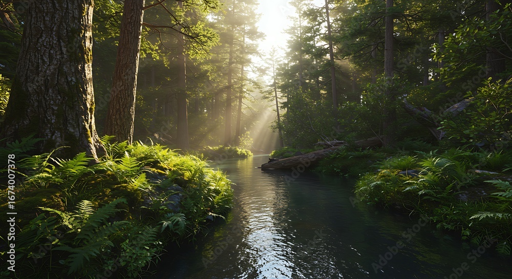 Obraz premium Sunlit River Flowing Through a Green Forest.