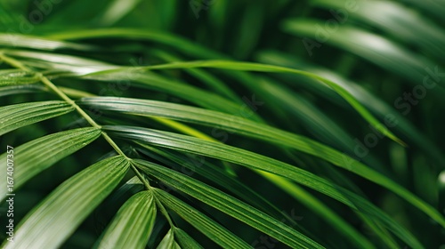 Close-up of vibrant green palm leaves, symbolizing the growth and vitality of the air freshener product, with a blurred background, natural qualities and highlighting the details of the leaves.