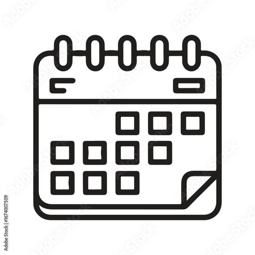 Black line art icon of a calendar page, isolated on white background