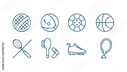 Sports equipment and balls in blue outline icons
