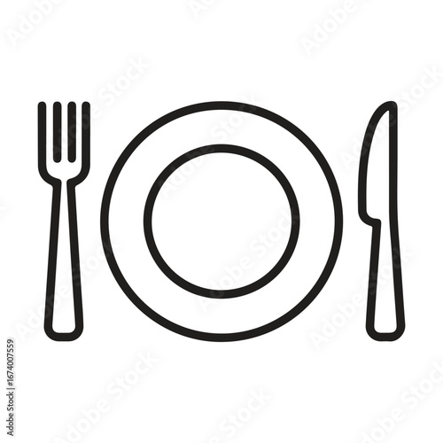 Black line art icon of a dinner plate with a fork and knife, isolated on white background