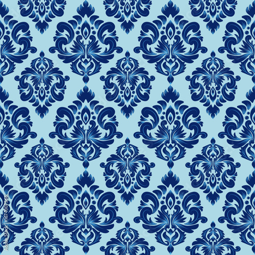 Damask seamless pattern with sapphire blue floral pattern, vintage style, vector illustration elegant for textile, wall paper, bedding, curtains, rug, cushion cover, upholstery fabric, wrapping