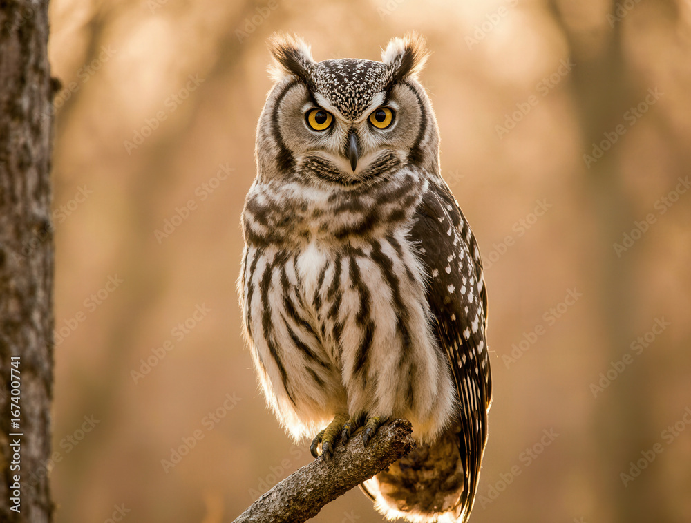 Obraz premium Long-Eared Owl Perched on Tree Branch in Golden Forest Light