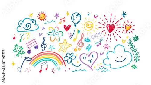 Cheerful colorful doodles with sun rainbow music notes and hearts vector