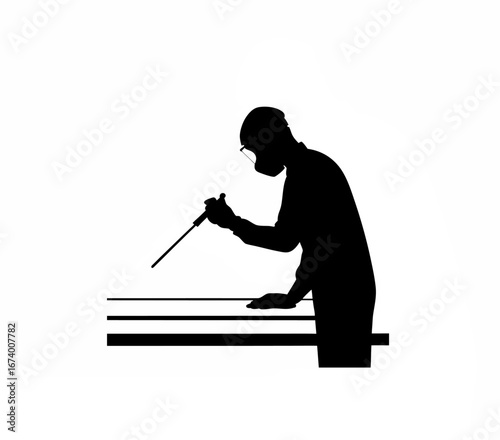 Inspector swabbing a surface in a commercial kitchen for lab testing silhouette isolated on white background