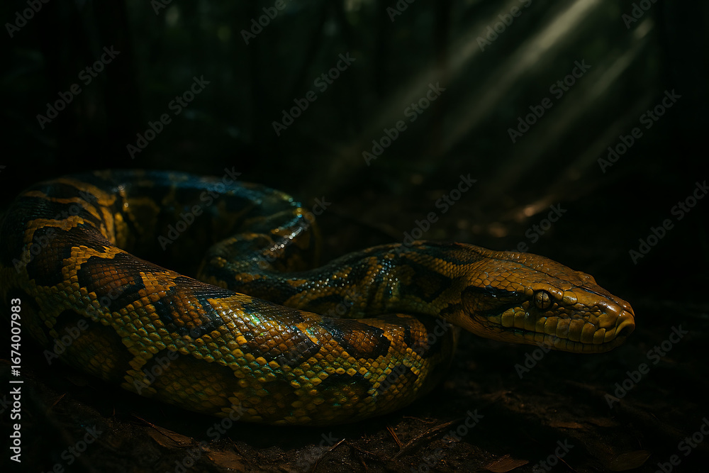 Fototapeta premium Reticulated Python in Coiled Position on Forest Floor