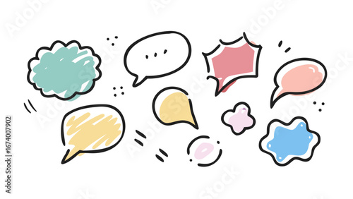 Hand drawn colorful speech bubbles and communication symbols conversation dialogue