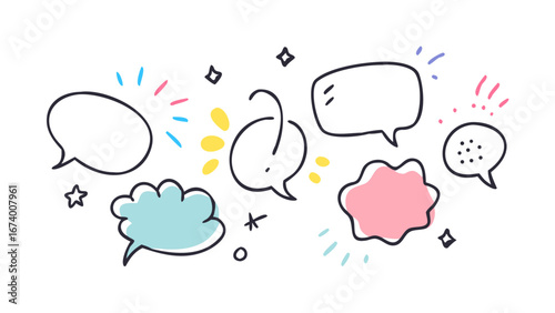 Colorful hand drawn speech bubbles and decorative elements communication conversation