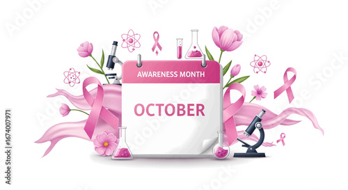 October Breast Cancer Awareness Month Pink ribbons, scientific symbols, and floral accents, representing hope, research, and support in the fight against cancer