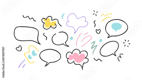 Colorful hand drawn speech bubbles and abstract shapes communication