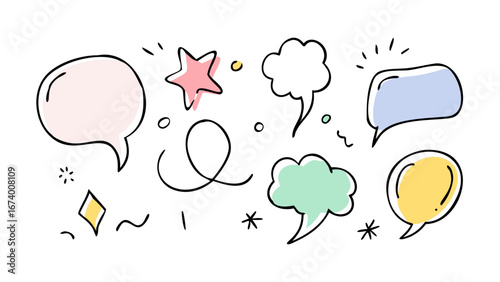 Colorful hand drawn speech bubbles and star communication dialogue