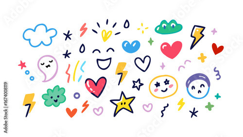 Cheerful colorful doodle icons with hearts and lightning bolts stars