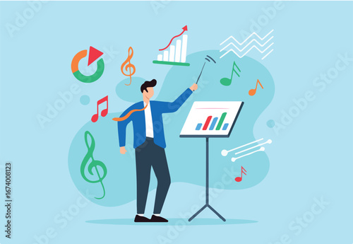 Orchestrating market strategy management, data-driven harmony, collaborative execution, achieving business success concept vector illustration. Analyst composing symphony with financial notes