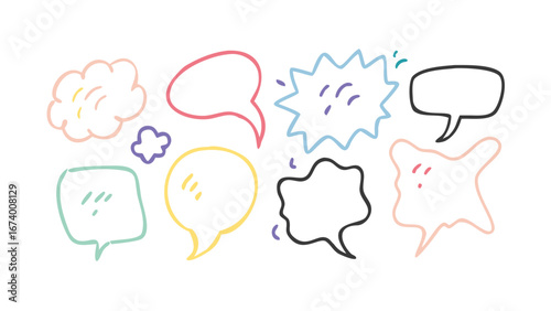 Hand drawn colorful speech bubbles with playful shapes communication dialogue