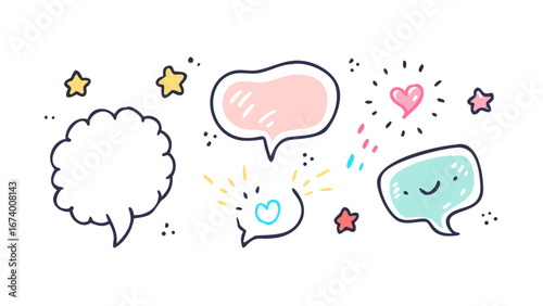Hand drawn speech bubbles with stars and hearts communication conversation