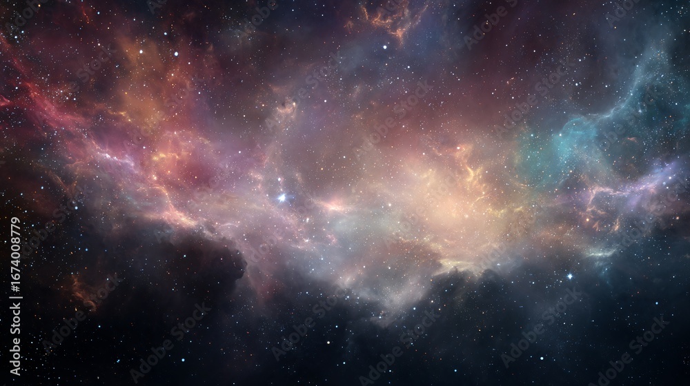 Fototapeta premium A vast expanse of cosmic nebulae, showcasing swirling hues of pink, orange, and blue, dotted with distant starlight.
