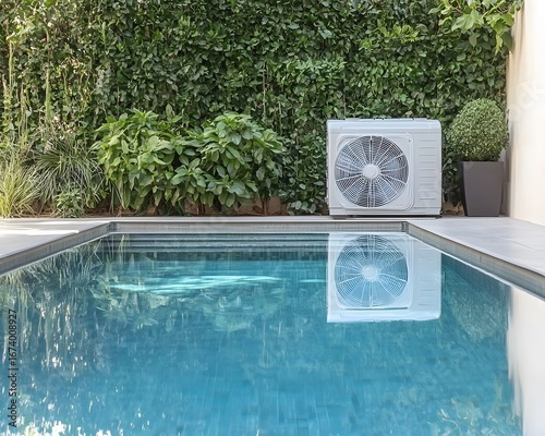 Modern Poolside Heat Pump with Lush Greenery