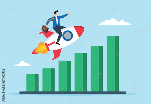 Flat illustration of businessman rides rocket on growth bar graph representing fast business growth and investment profit