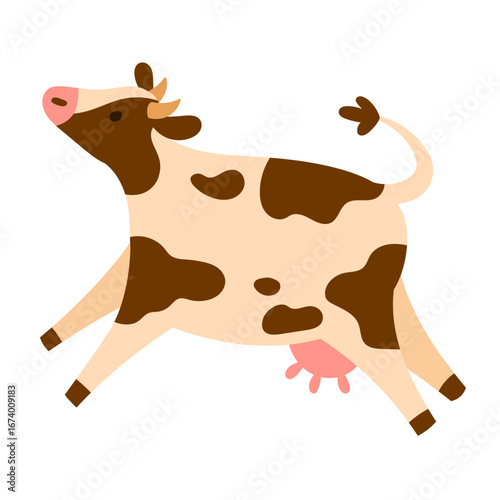 Playful spotted dairy cow leaping with curved tail and visible udder, simple flat style, isolated on white. Ideal for farm, milk, and kids projects