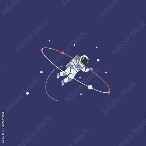 Astronaut Floating in Space with Orbital Paths and Celestial Bodies