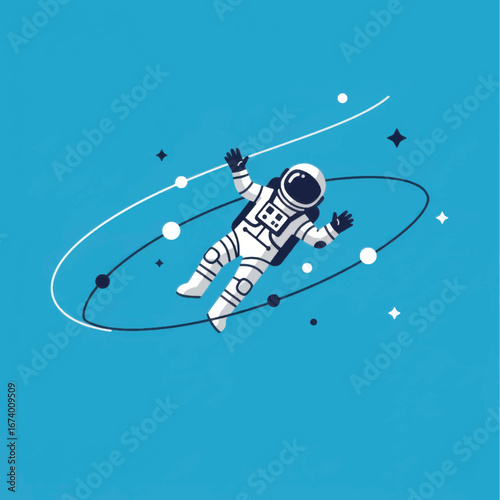 Astronaut Floating in Space with Orbital Path and Celestial Bodies