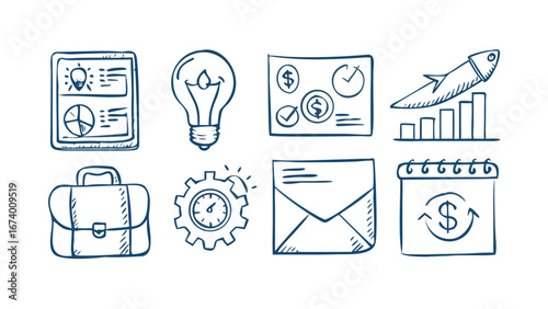 Business Icons Collection Blue Doodle Style finance