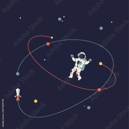Astronaut Floating in Space with Orbital Paths and Rocket Ship
