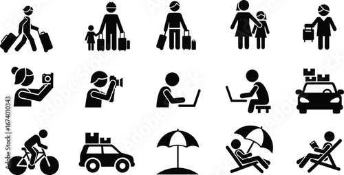 Travel and vacation silhouette icon set featuring luggage, photography, remote work, cycling, beach relaxation, and family trip activities in vector style