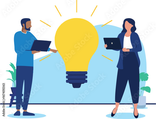 Office people idea - Two businesspeople IT workers or developers coming up with new ideas, working on brainstorming and being creative in corporate business setting. Flat design vector illustration