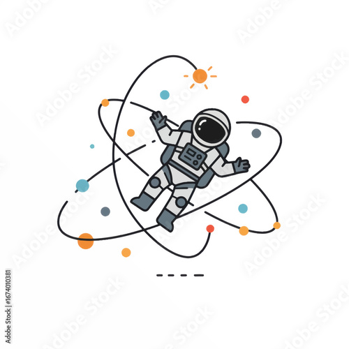 Cartoon astronaut floating amidst orbiting planets and a distant sun illustration