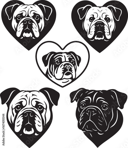 Adorable bulldog hearts dog love silhouette art set