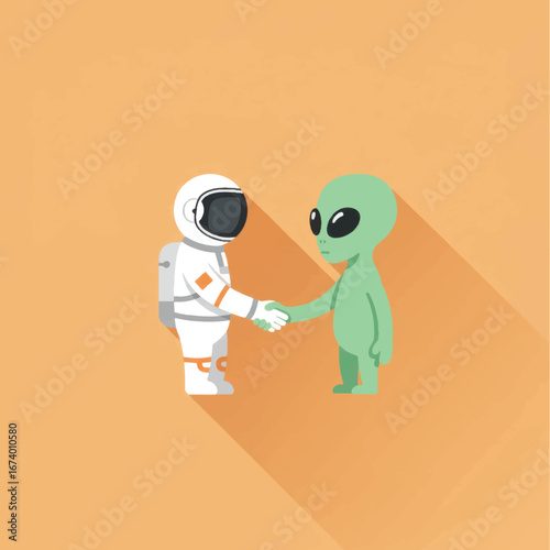 Cartoon Astronaut and Green Alien Handshake: A Symbol of Intergalactic Friendship