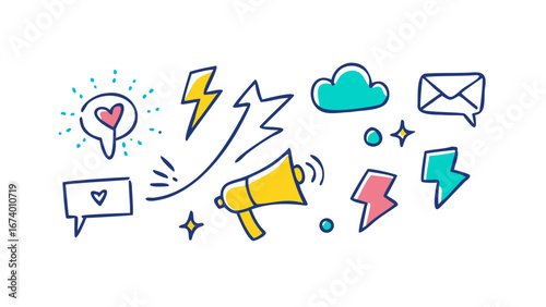 Communication icons with hearts and lightning bolts speech bubble