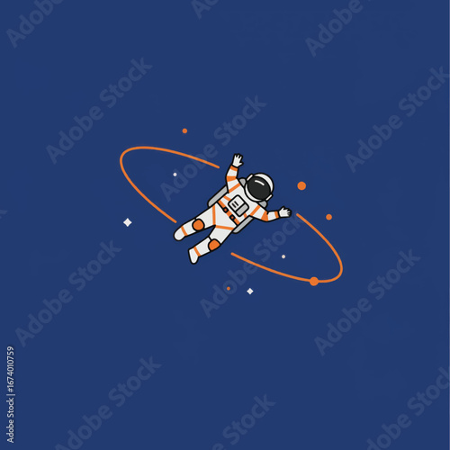 Cartoon Astronaut Floating in Space with Orange Orbit and Stars