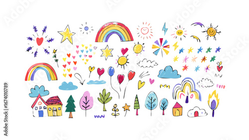 Colorful hand drawn doodle elements with nature and weather themes vector