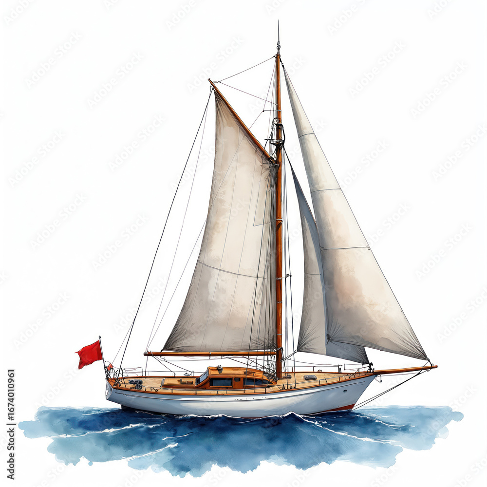 Obraz premium Watercolor sailboat with white sails, wooden deck floats on blue sea. Nautical vessel features red flag, tall mast. Isolated clipart on white background, perfect for summer vacation, travel, yachting